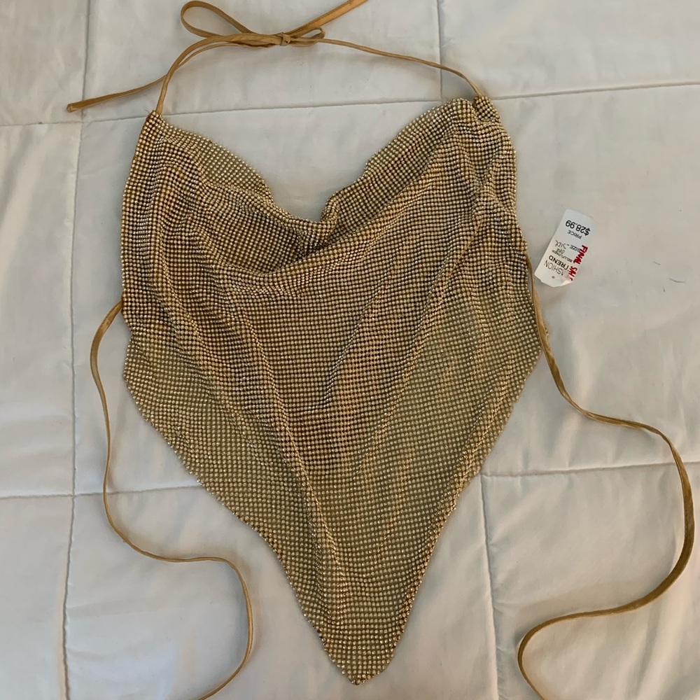 Rhinestone Tie Backless Halter Crop Top in Gold